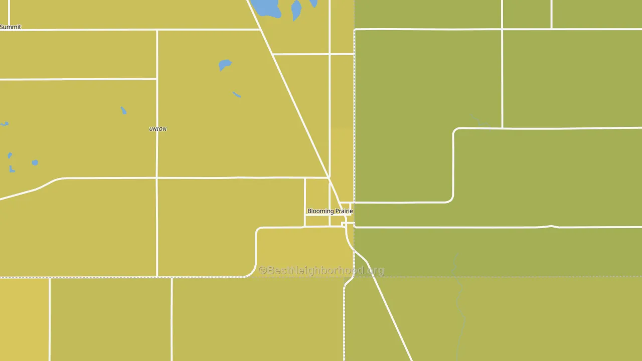 Map of the best neighborhoods in the Blooming Prairie area, with better matches in green and worse matches in red