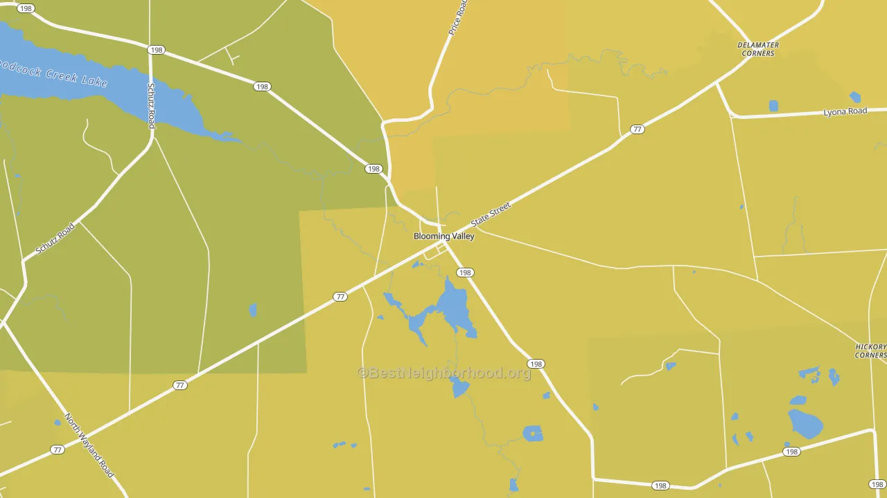 Map of the best neighborhoods in the Blooming Valley area, with better matches in green and worse matches in red