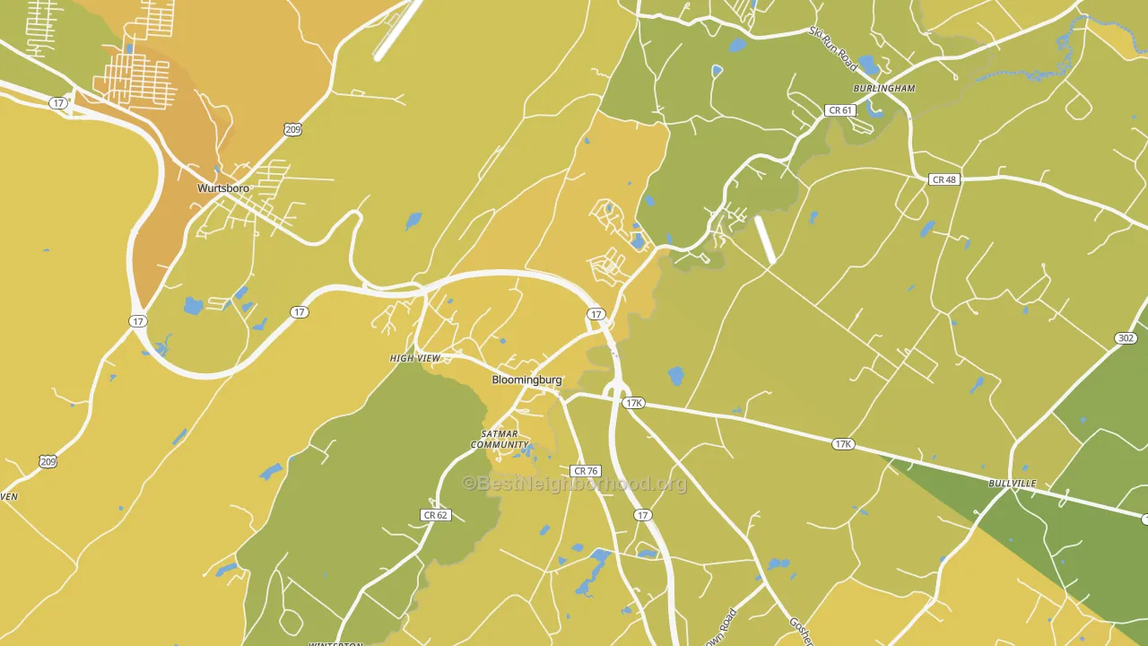 Map of the best neighborhoods in the Bloomingburg area, with better matches in green and worse matches in red