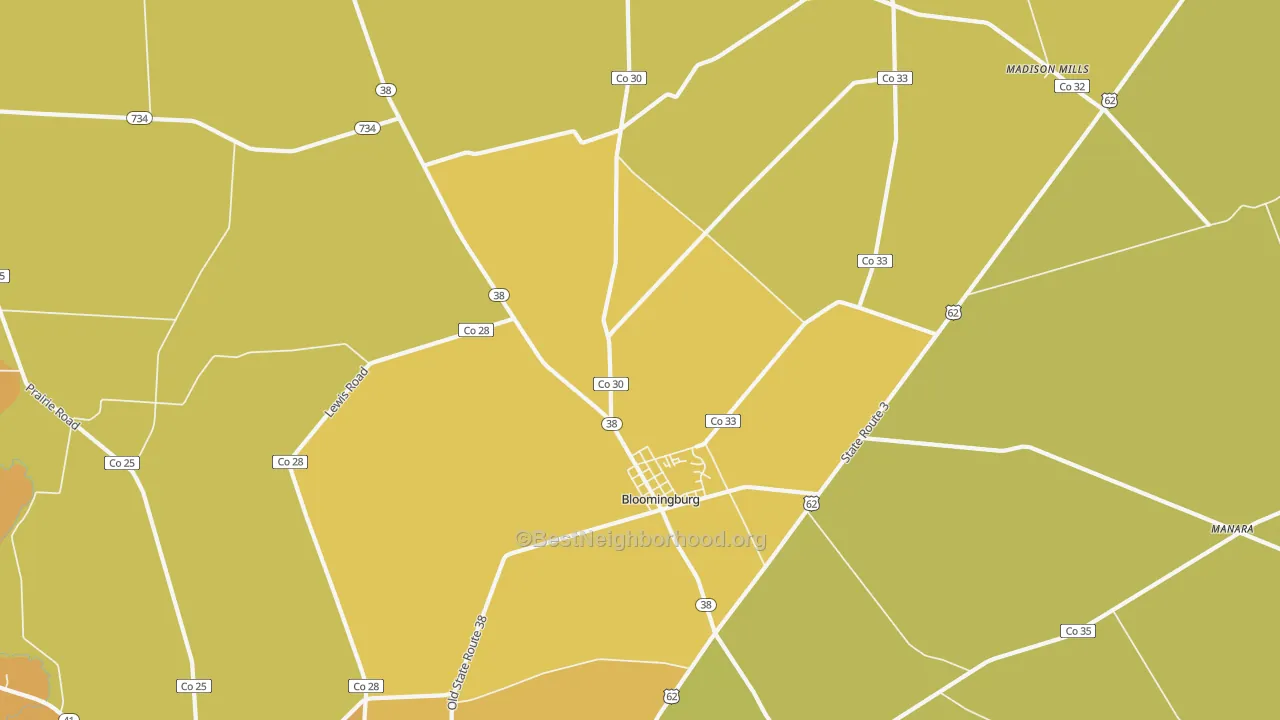 Map of the best neighborhoods in the Bloomingburg area, with better matches in green and worse matches in red