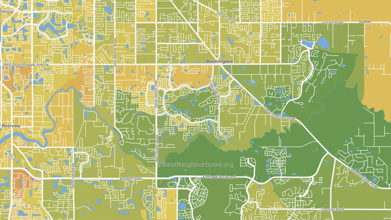 Map of the best neighborhoods in the Bloomingdale area, with better matches in green and worse matches in red