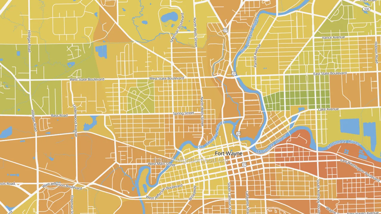 Map of the best neighborhoods in the Bloomingdale, Fort Wayne area, with better matches in green and worse matches in red