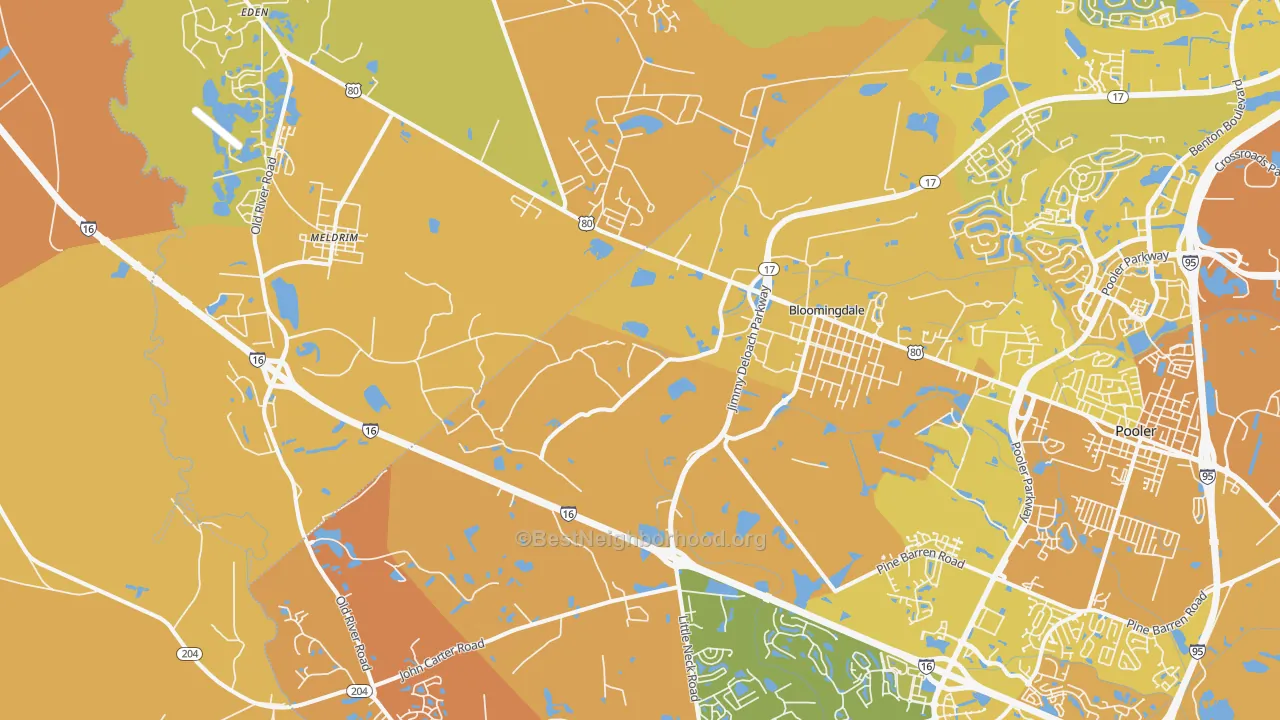 Map of the best neighborhoods in the Bloomingdale area, with better matches in green and worse matches in red