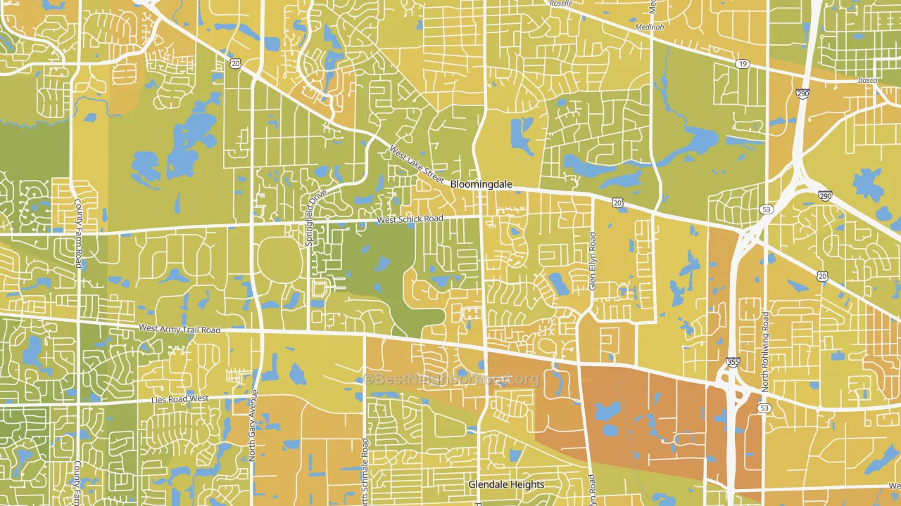 Map of the best neighborhoods in the Bloomingdale area, with better matches in green and worse matches in red
