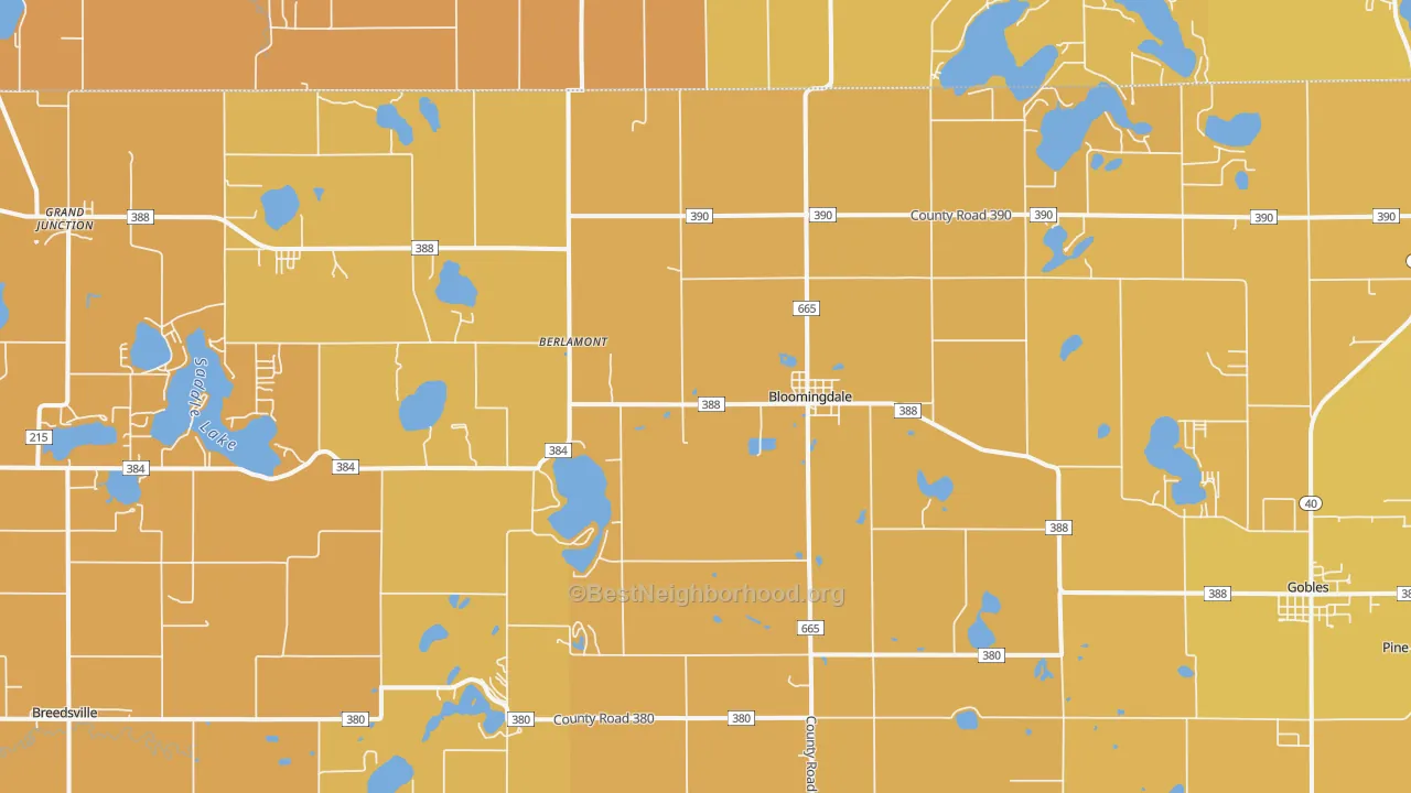 Map of the best neighborhoods in the Bloomingdale area, with better matches in green and worse matches in red