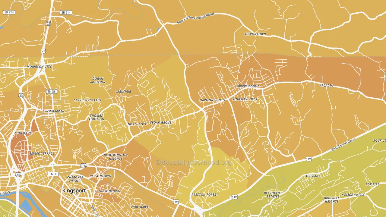 Map of the best neighborhoods in the Bloomingdale area, with better matches in green and worse matches in red