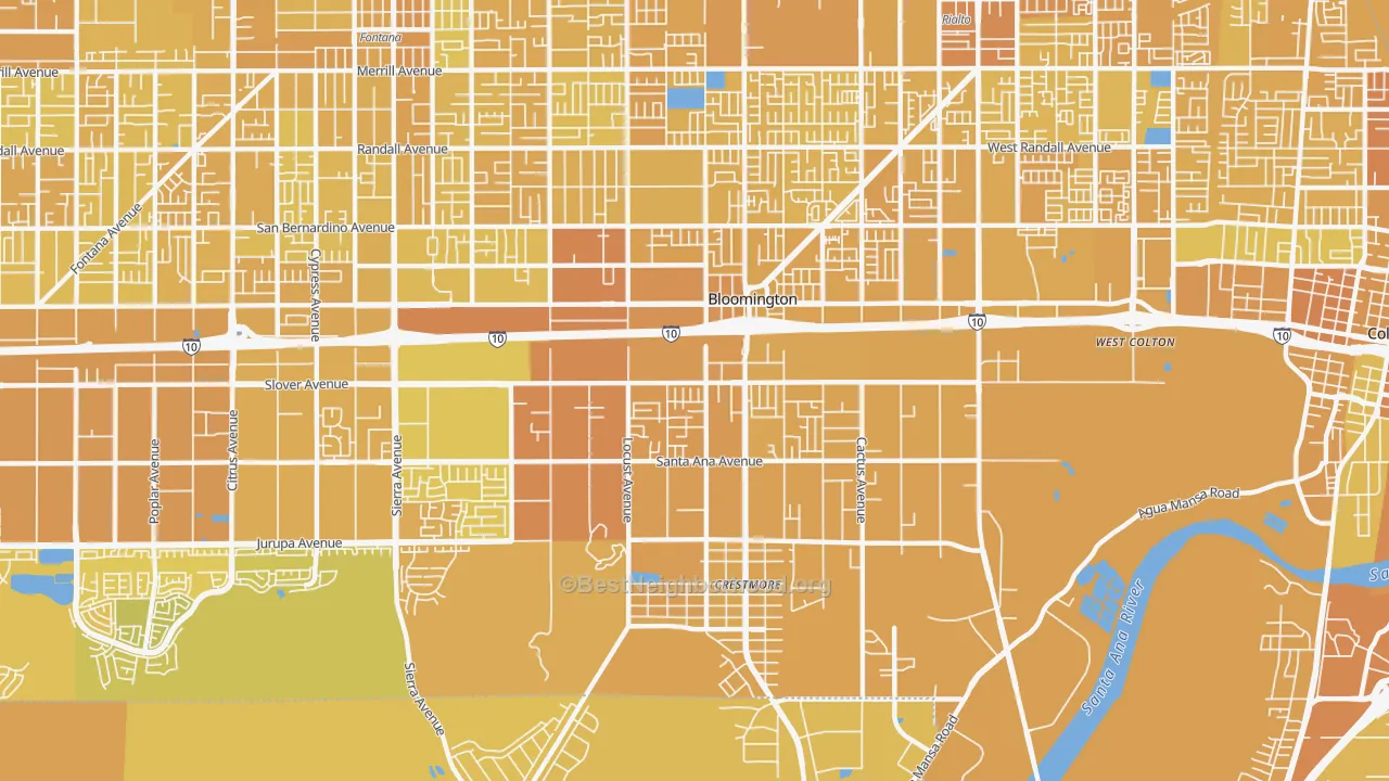 Map of the best neighborhoods in the Bloomington area, with better matches in green and worse matches in red