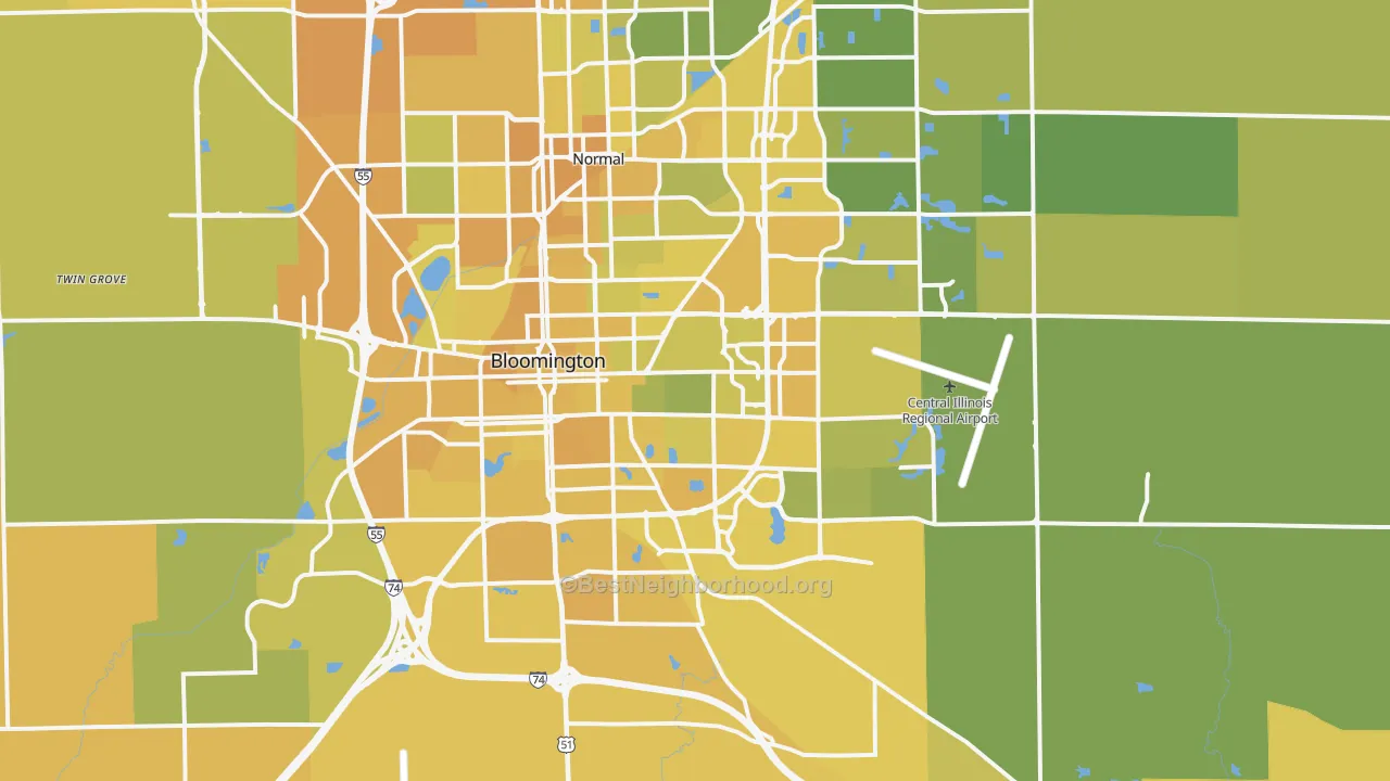 Map of the best neighborhoods in the Bloomington Metro area, with better matches in green and worse matches in red