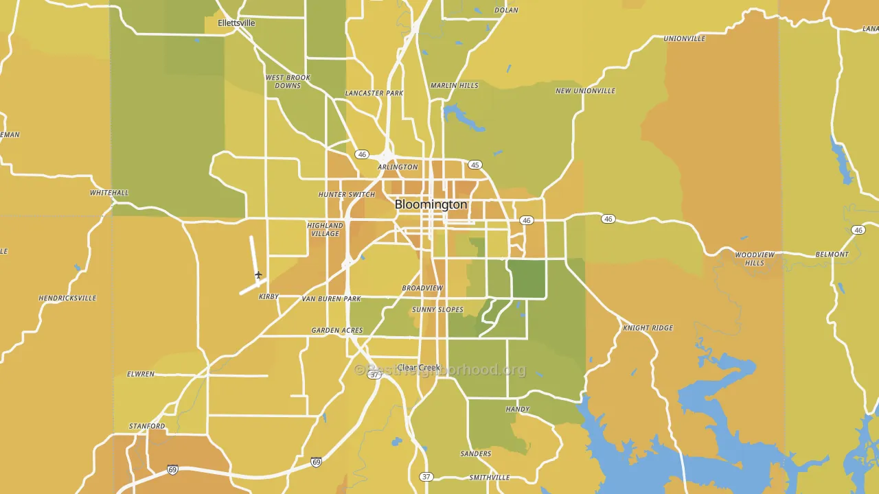 Map of the best neighborhoods in the Bloomington Metro area, with better matches in green and worse matches in red