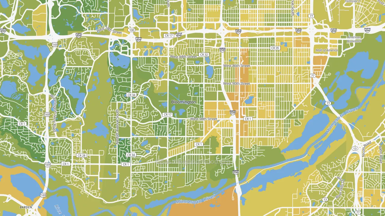 Map of the best neighborhoods in the Bloomington area, with better matches in green and worse matches in red