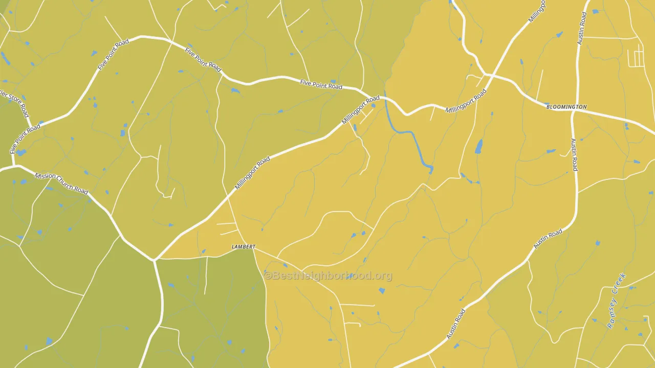 Map of the best neighborhoods in the Bloomington area, with better matches in green and worse matches in red