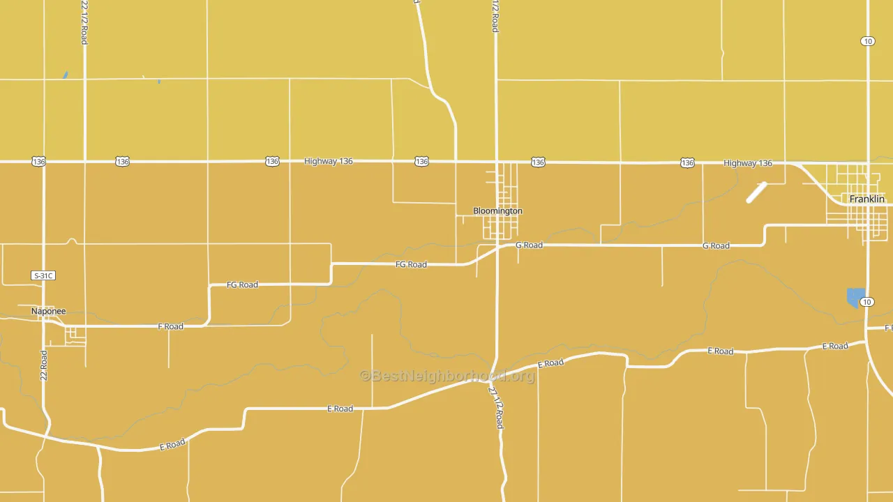 Map of the best neighborhoods in the Bloomington area, with better matches in green and worse matches in red