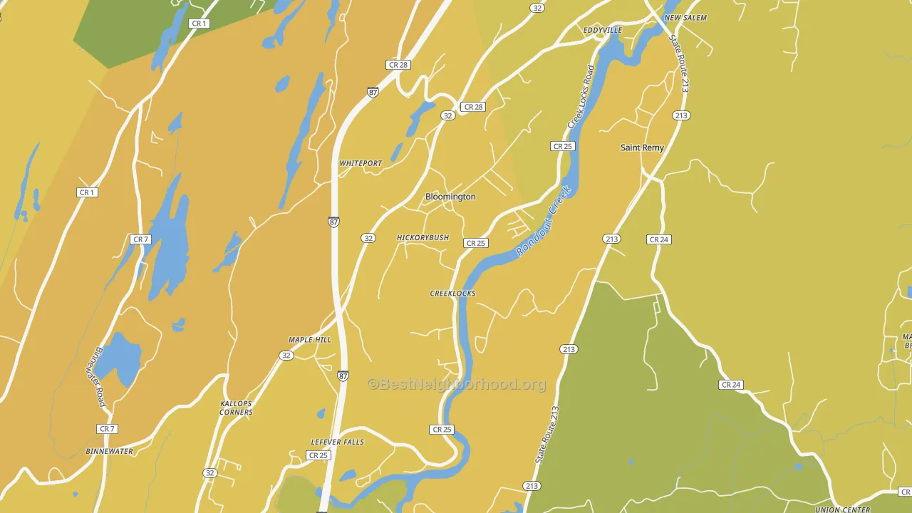 Map of the best neighborhoods in the Bloomington area, with better matches in green and worse matches in red