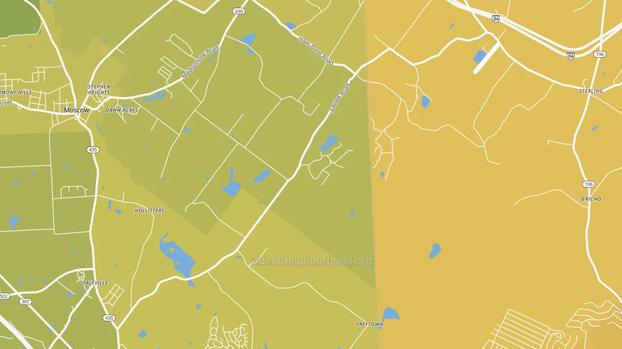Map of the best neighborhoods in the Bloomington area, with better matches in green and worse matches in red
