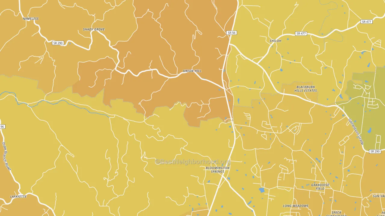 Map of the best neighborhoods in the Bloomington Springs area, with better matches in green and worse matches in red