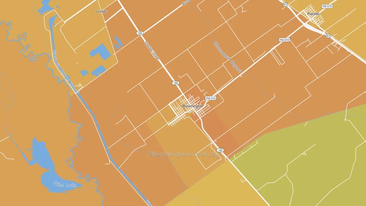 Map of the best neighborhoods in the Bloomington area, with better matches in green and worse matches in red