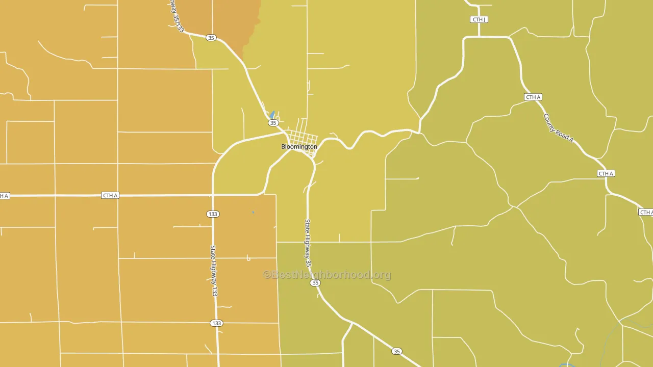Map of the best neighborhoods in the Bloomington area, with better matches in green and worse matches in red