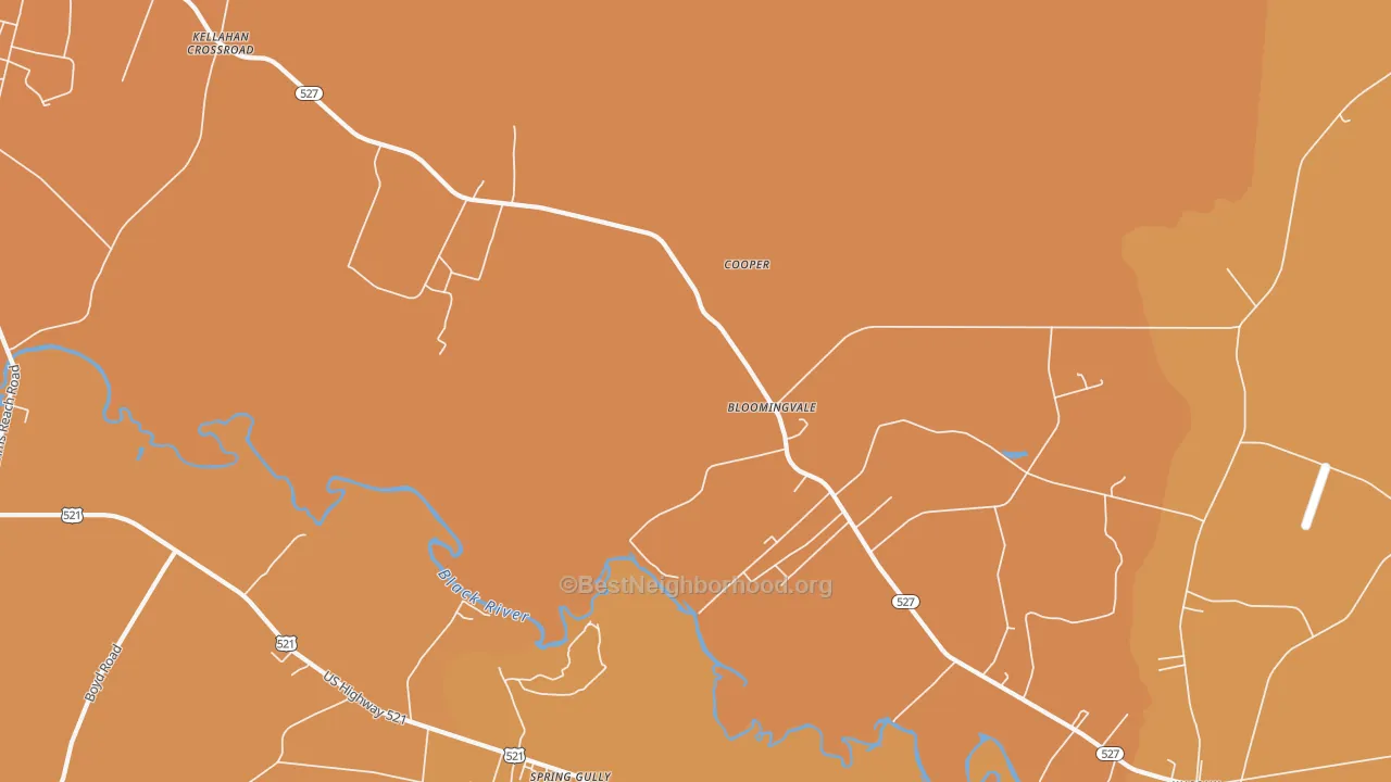 Map of the best neighborhoods in the Bloomingvale area, with better matches in green and worse matches in red