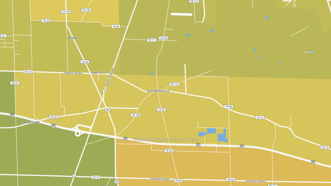Map of the best neighborhoods in the Bloomingville area, with better matches in green and worse matches in red