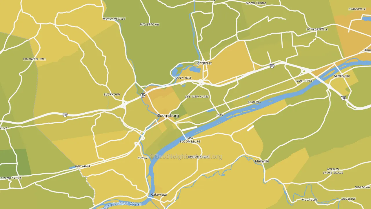 Map of the best neighborhoods in the Bloomsburg area, with better matches in green and worse matches in red