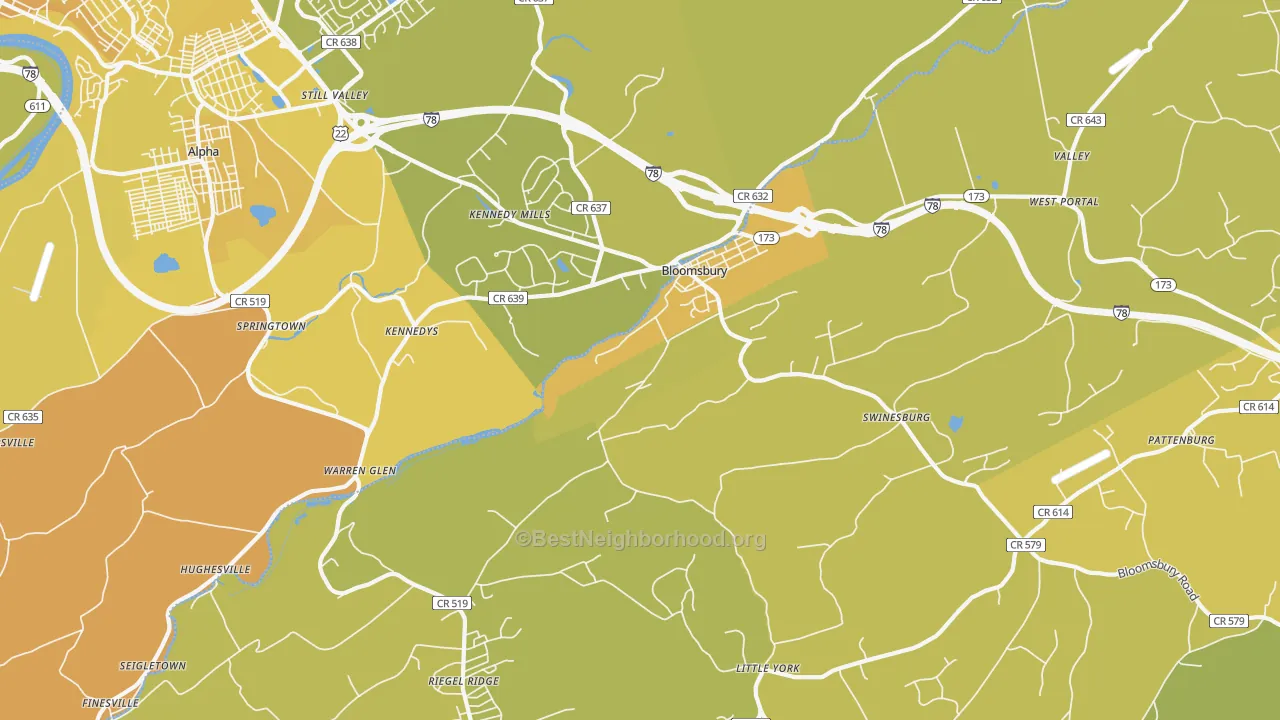 Map of the best neighborhoods in the Bloomsbury area, with better matches in green and worse matches in red