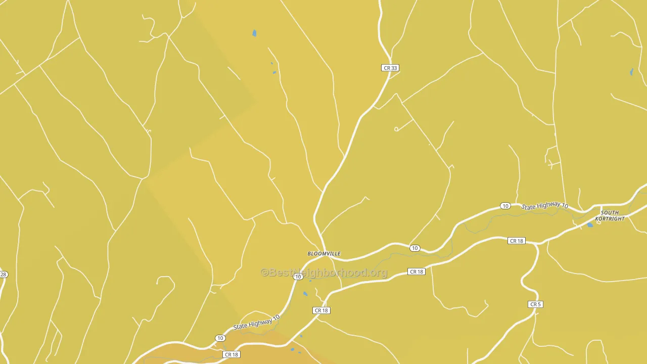 Map of the best neighborhoods in the Bloomville area, with better matches in green and worse matches in red