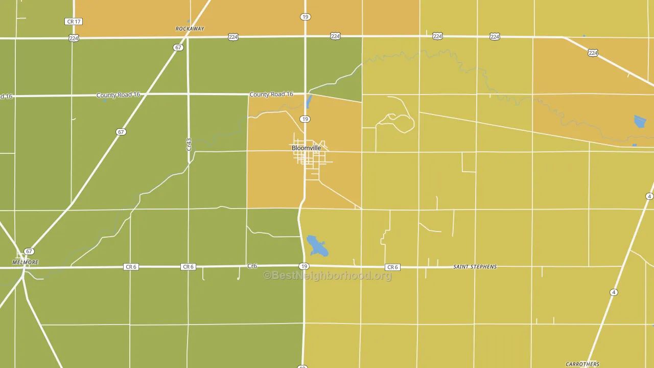 Map of the best neighborhoods in the Bloomville area, with better matches in green and worse matches in red