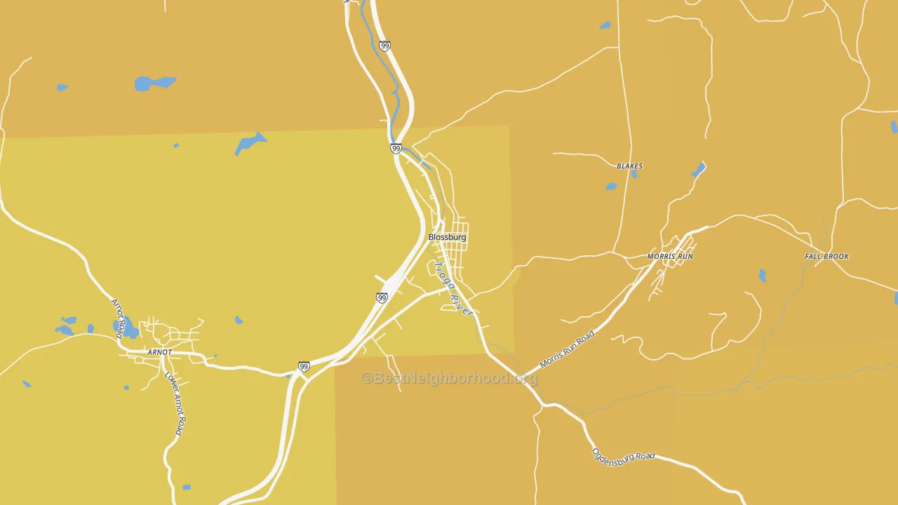 Map of the best neighborhoods in the Blossburg area, with better matches in green and worse matches in red