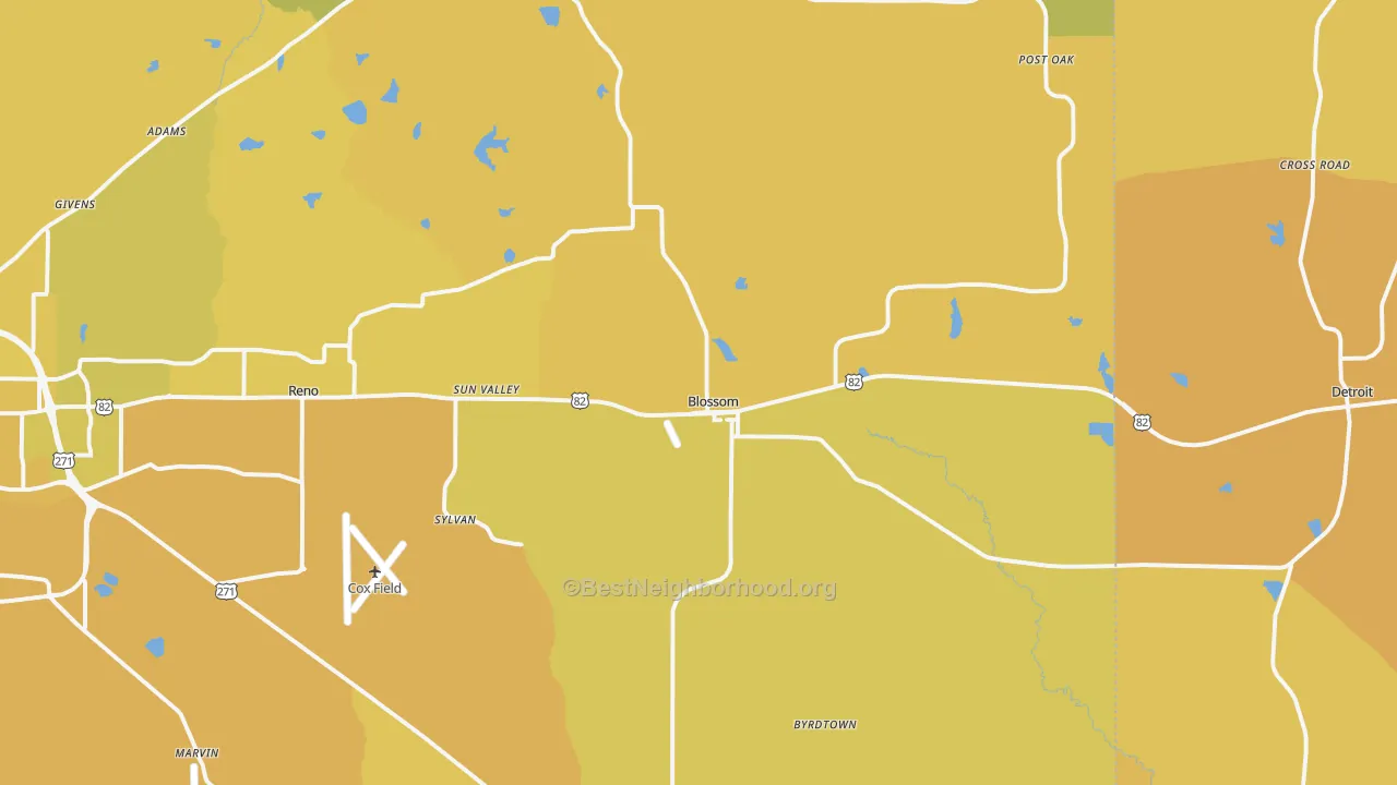 Map of the best neighborhoods in the Blossom area, with better matches in green and worse matches in red