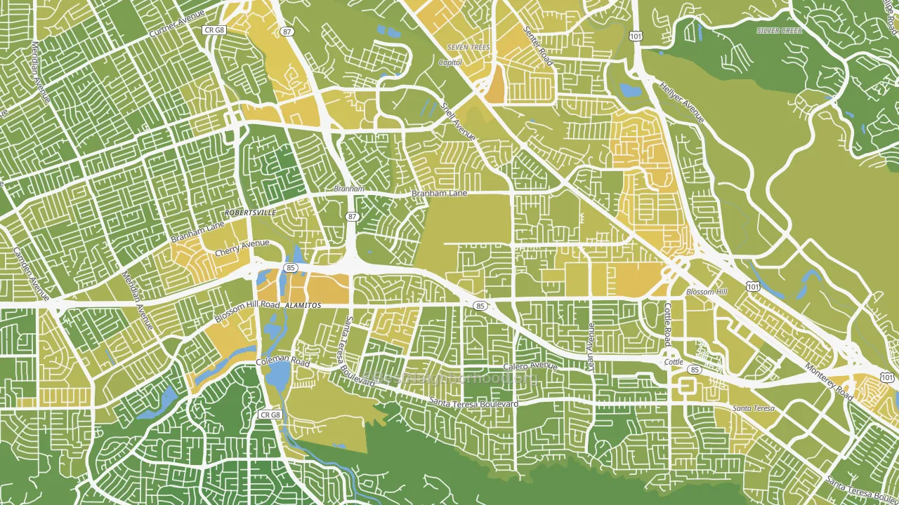 Map of the best neighborhoods in the Blossom Valley, San Jose area, with better matches in green and worse matches in red