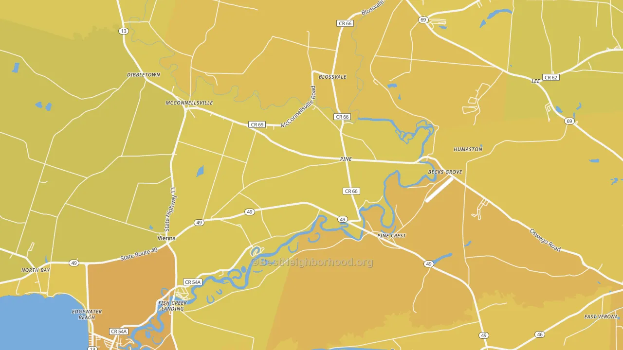 Map of the best neighborhoods in the Blossvale area, with better matches in green and worse matches in red