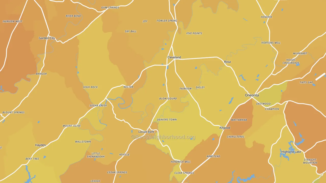 Map of the best neighborhoods in the Blount County area, with better matches in green and worse matches in red