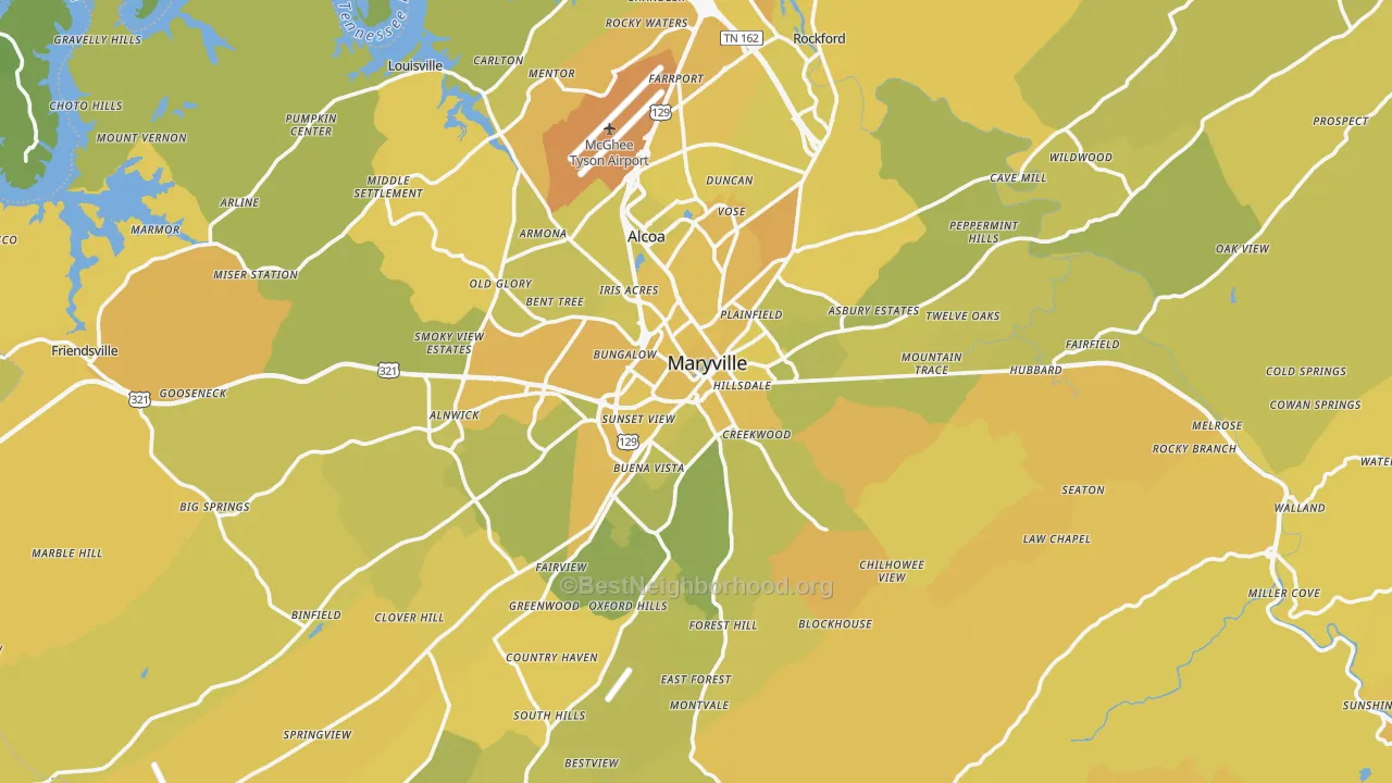 Map of the best neighborhoods in the Blount County area, with better matches in green and worse matches in red