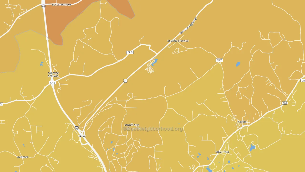 Map of the best neighborhoods in the Blount Springs area, with better matches in green and worse matches in red