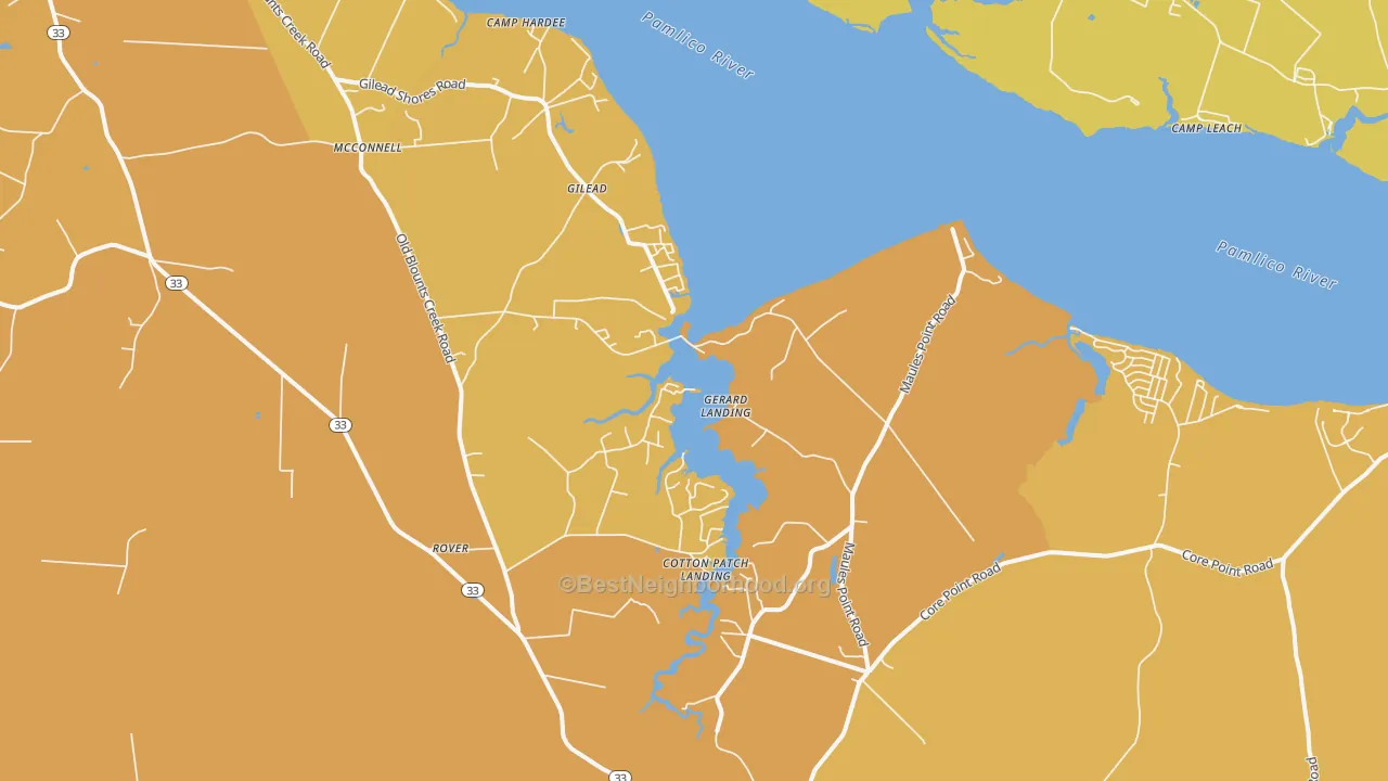 Map of the best neighborhoods in the Blounts Creek area, with better matches in green and worse matches in red