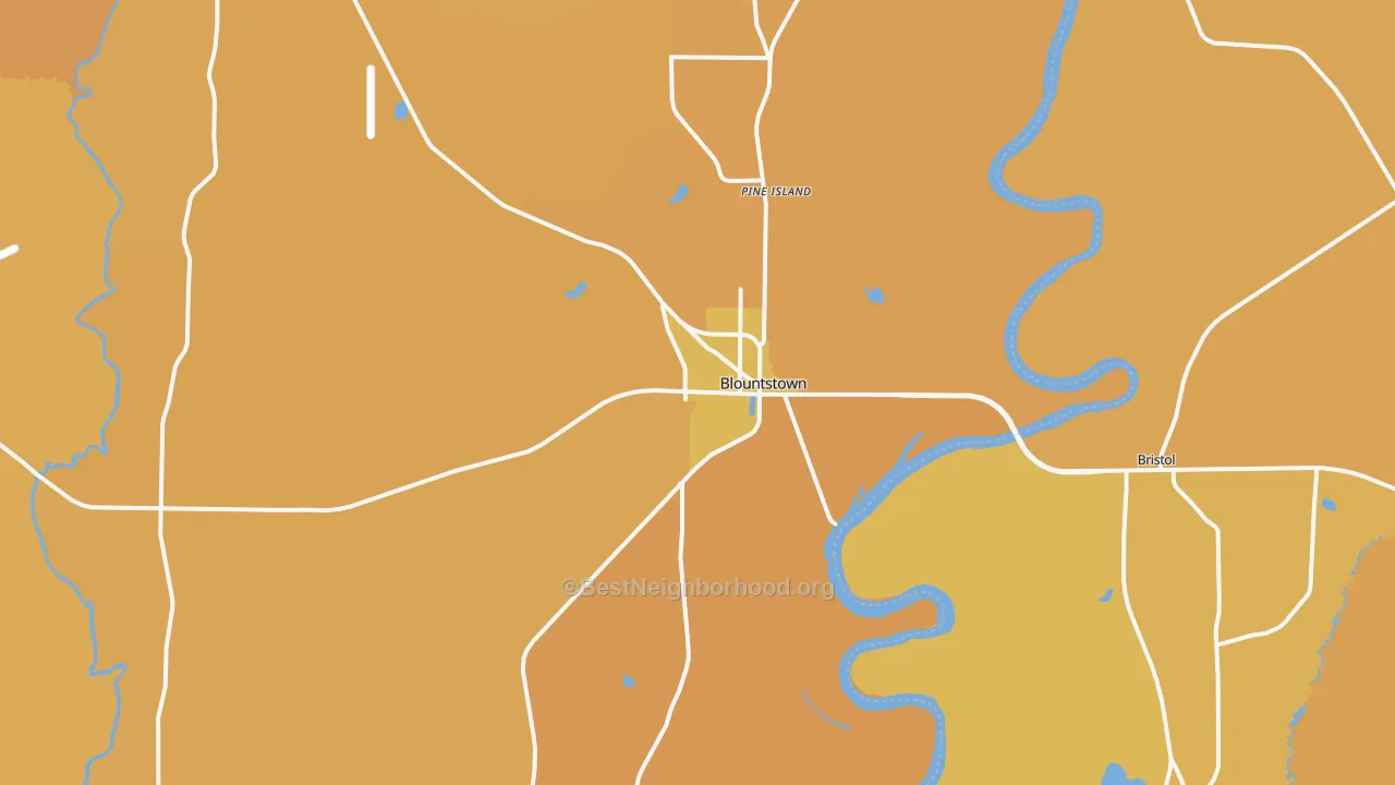Map of the best neighborhoods in the Blountstown area, with better matches in green and worse matches in red