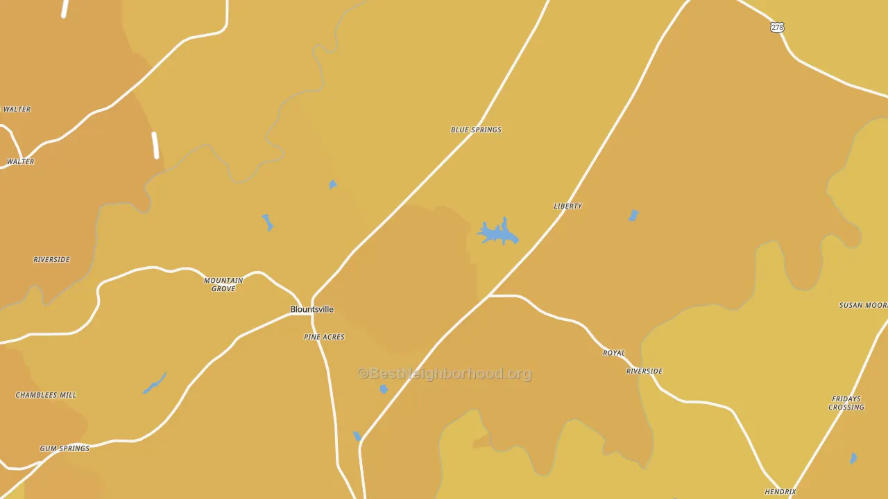 Map of the best neighborhoods in the Blountsville area, with better matches in green and worse matches in red