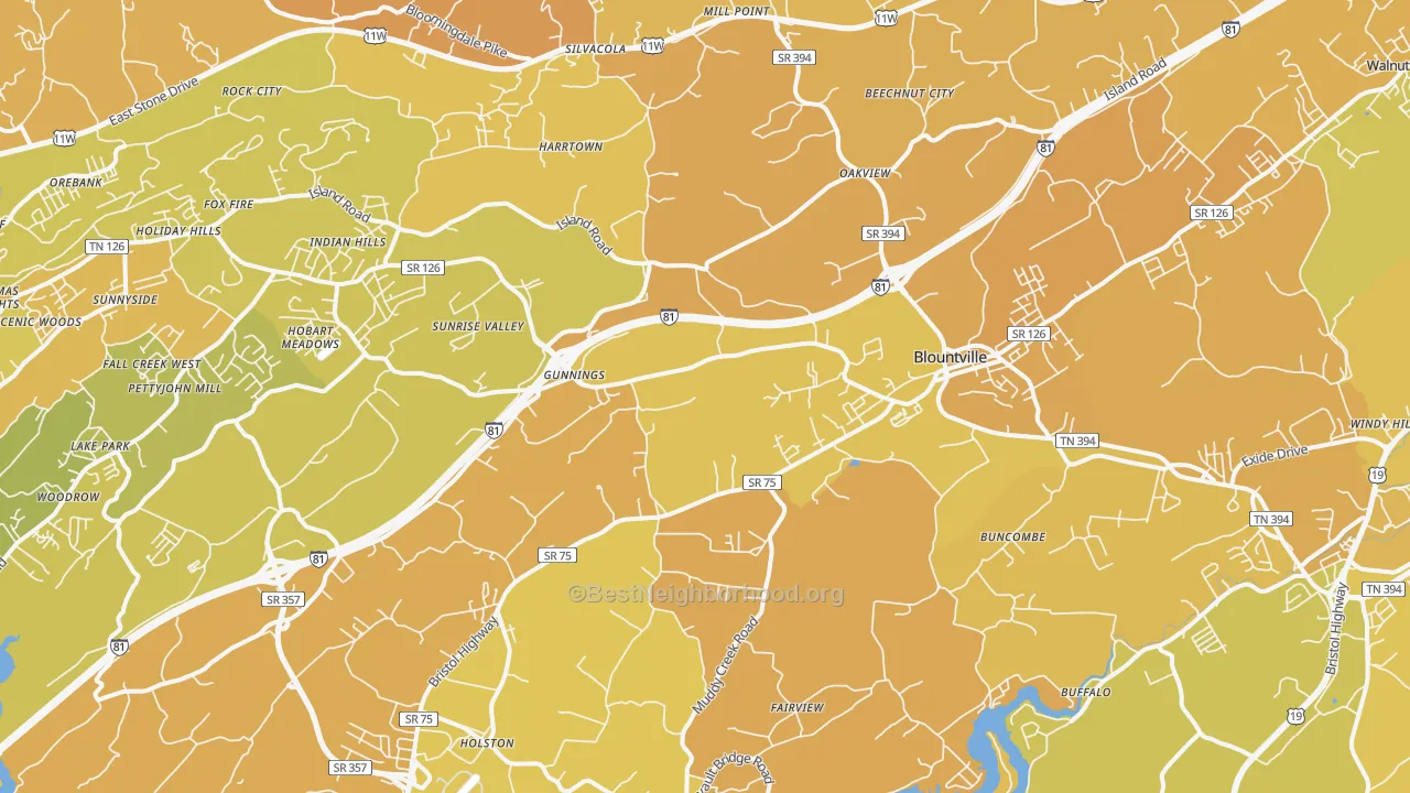 Map of the best neighborhoods in the Blountville area, with better matches in green and worse matches in red