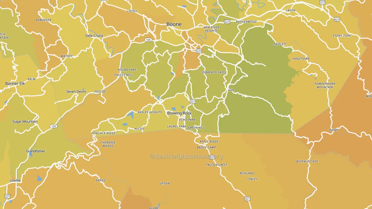 Map of the best neighborhoods in the Blowing Rock area, with better matches in green and worse matches in red