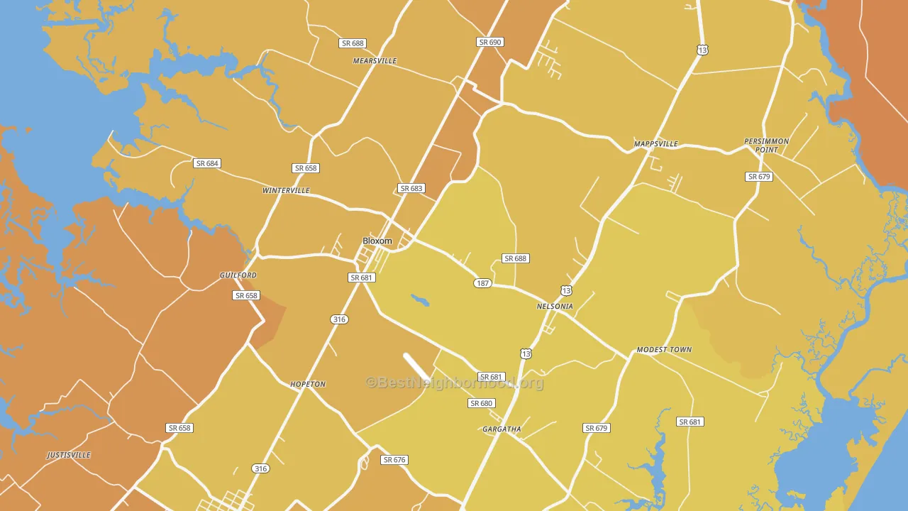 Map of the best neighborhoods in the Bloxom area, with better matches in green and worse matches in red