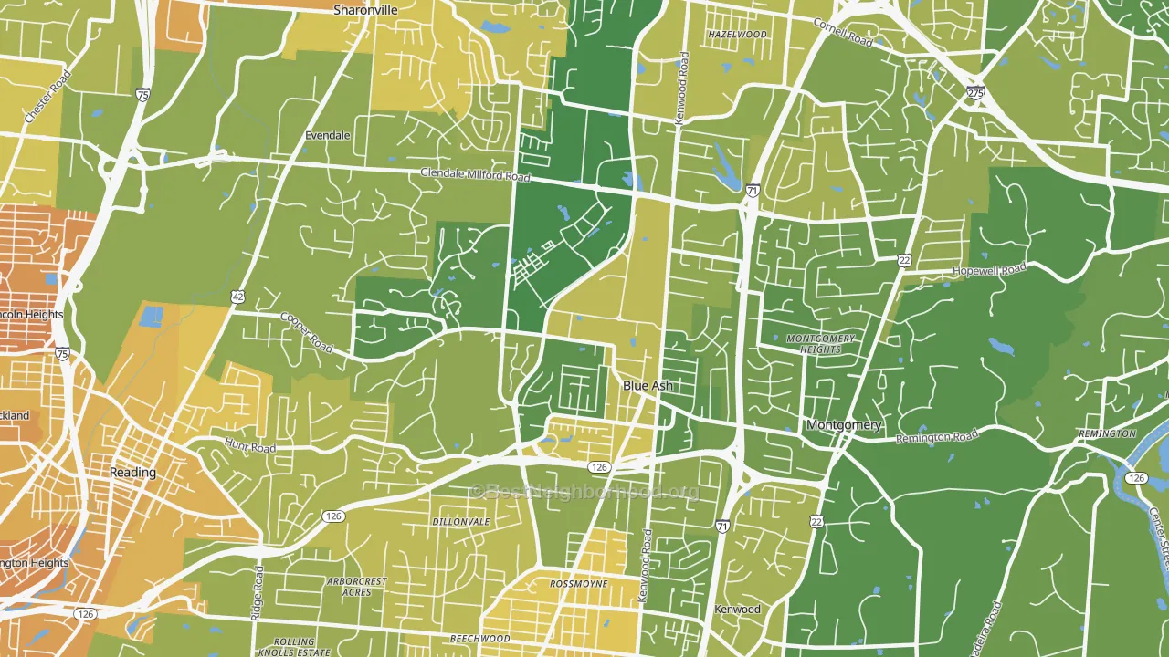 Map of the best neighborhoods in the Blue Ash area, with better matches in green and worse matches in red