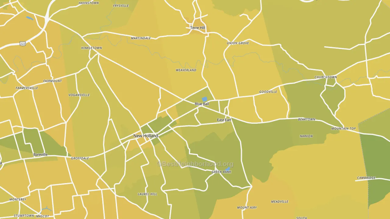Map of the best neighborhoods in the Blue Ball area, with better matches in green and worse matches in red