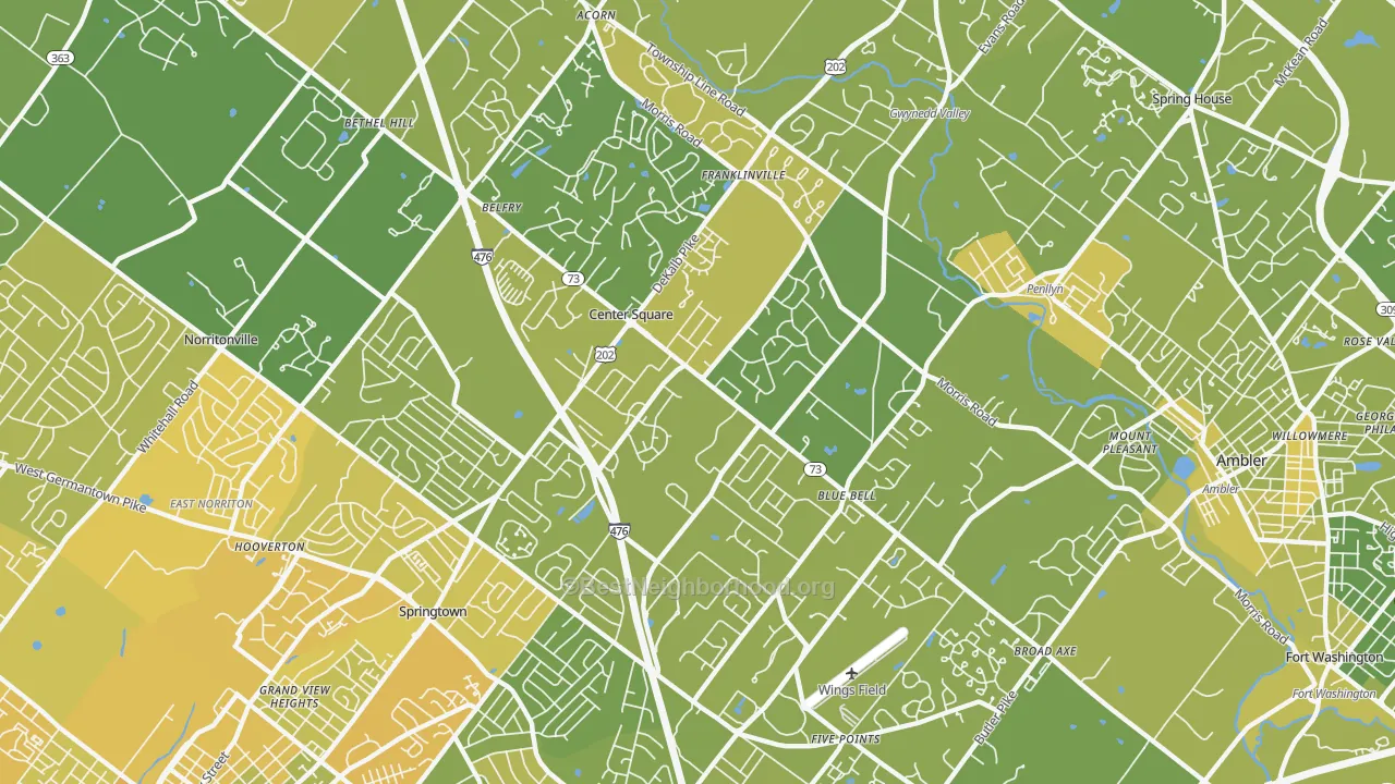 Map of the best neighborhoods in the Blue Bell area, with better matches in green and worse matches in red