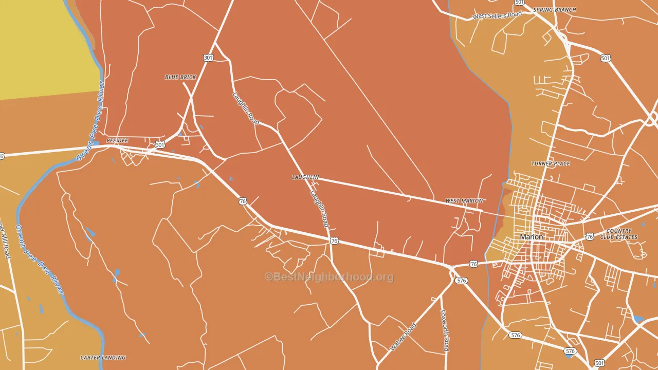Map of the best neighborhoods in the Blue Brick area, with better matches in green and worse matches in red