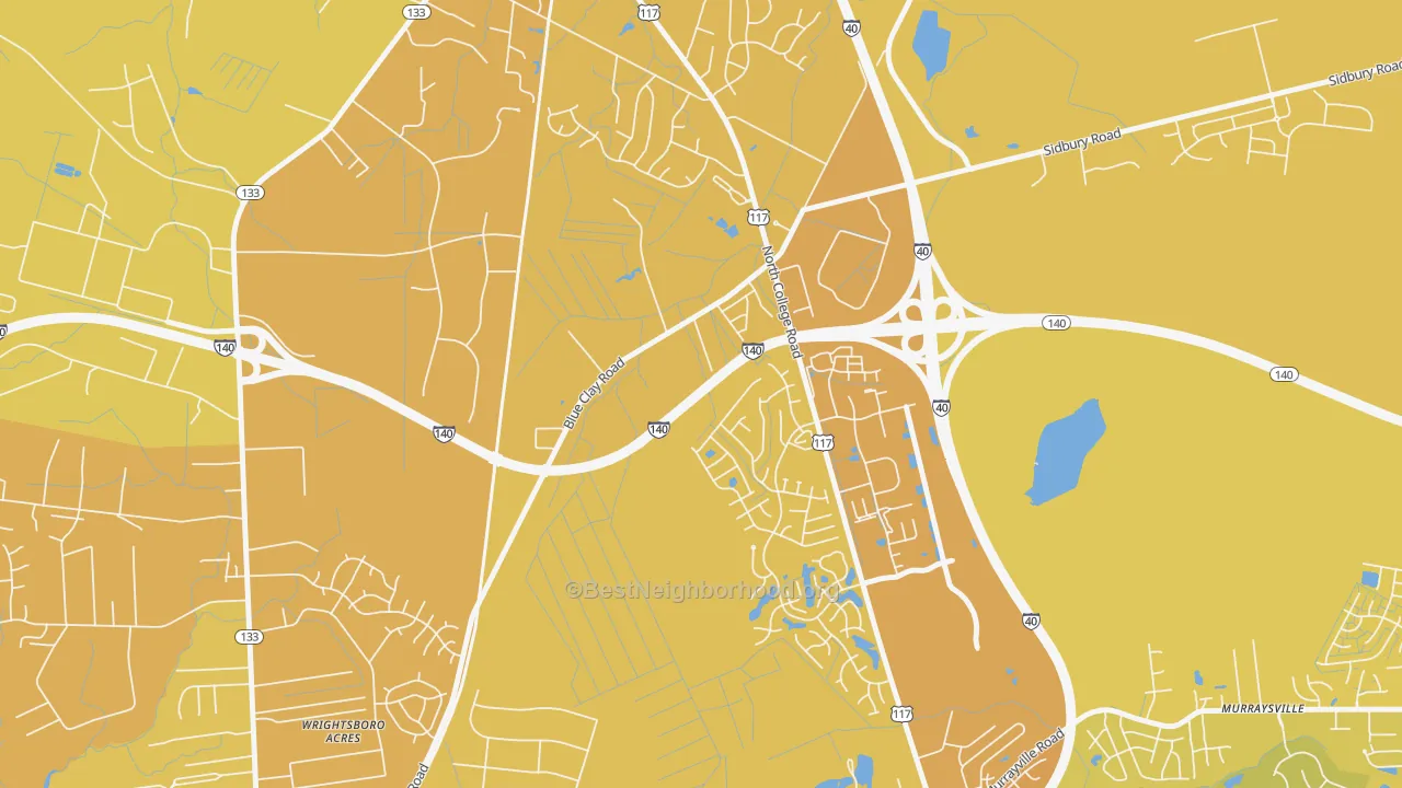 Map of the best neighborhoods in the Blue Clay Farms area, with better matches in green and worse matches in red