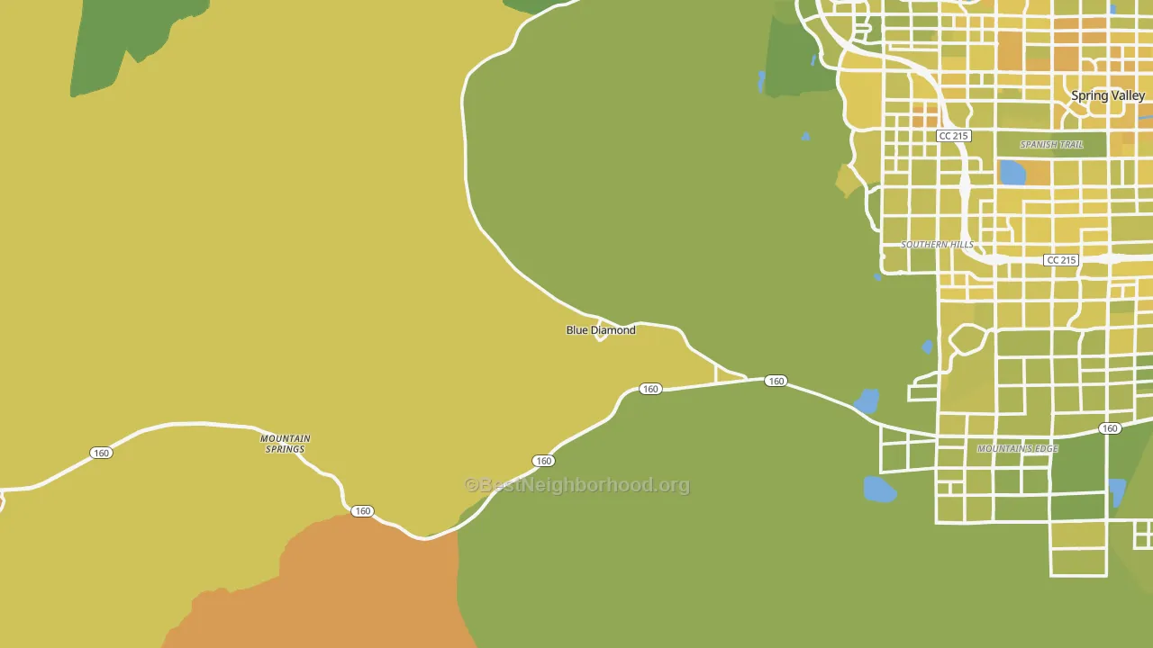 Map of the best neighborhoods in the Blue Diamond area, with better matches in green and worse matches in red