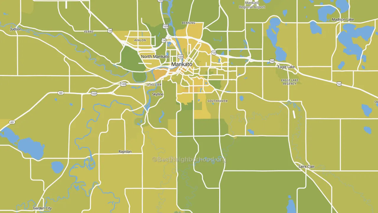 Map of the best neighborhoods in the Blue Earth County area, with better matches in green and worse matches in red