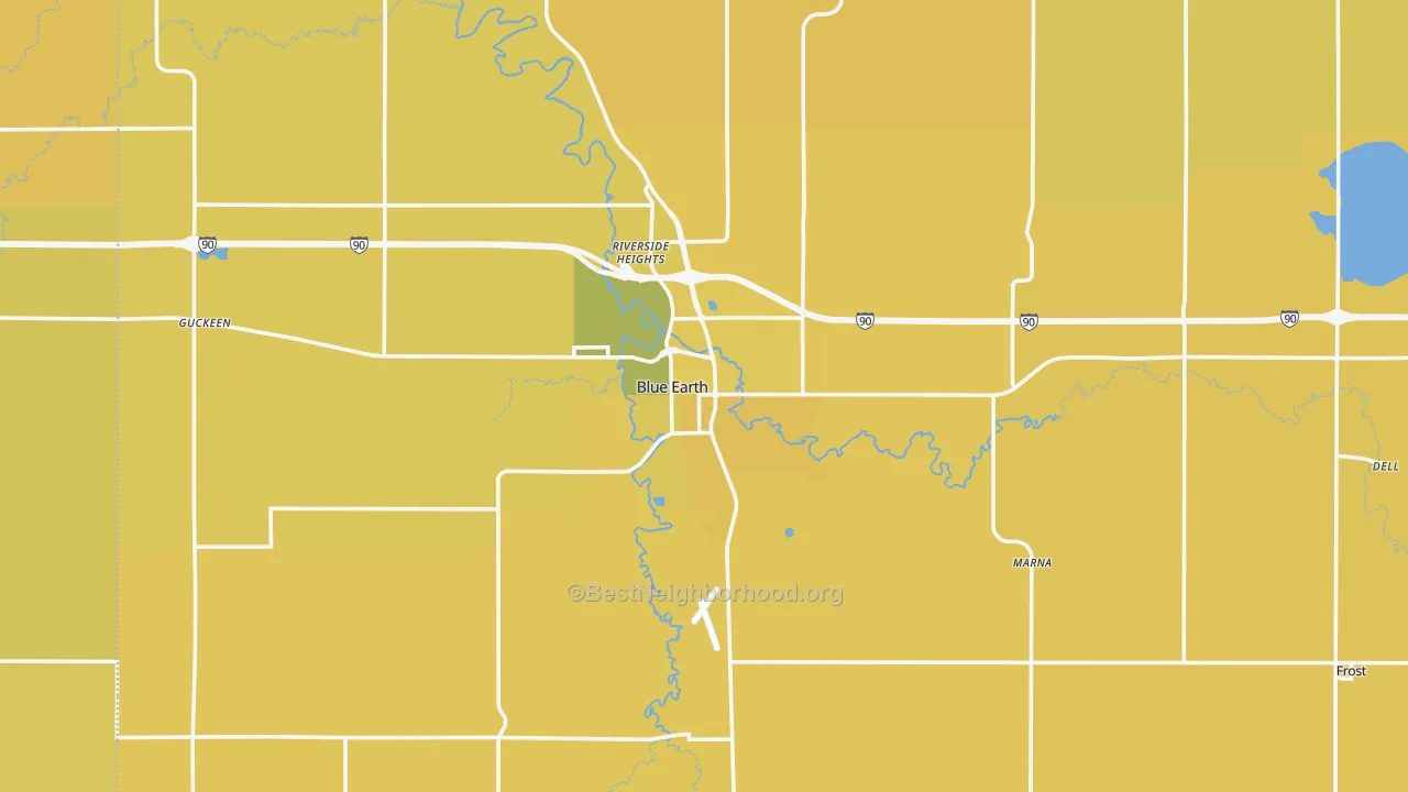Map of the best neighborhoods in the Blue Earth area, with better matches in green and worse matches in red