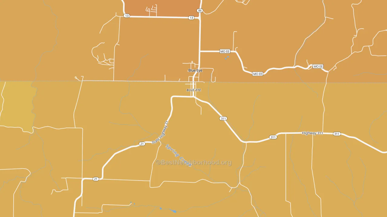 Map of the best neighborhoods in the Blue Eye area, with better matches in green and worse matches in red