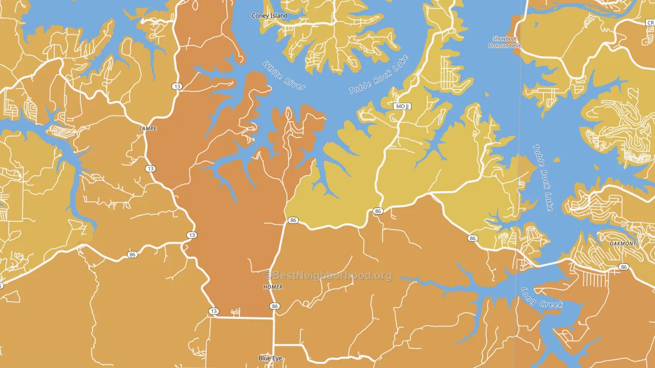 Map of the best neighborhoods in the Blue Eye area, with better matches in green and worse matches in red